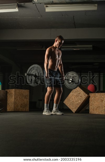 Fit Strong Shirtless Athlete Doing Squats Stock Photo 2003335196