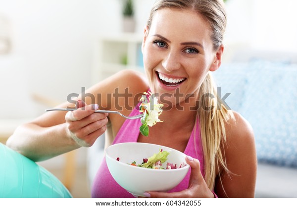 Fit Woman Eating Healthy Salad After Stock Photo Edit Now 604342055