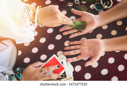 Fortune Teller Reading Fortune Lines On Stock Photo