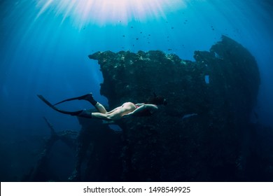 Freediver Girl Pink Swimwear Fins Swimming Stock Photo Edit Now