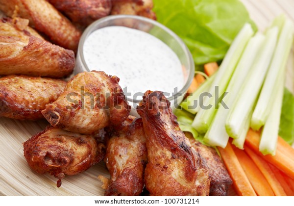 Fried Chicken Legs Wings Fresh Vegetables Stock Photo