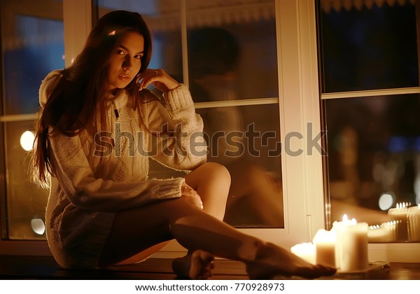 Girl Adult Evening Candles Romance Holiday Stock Photo 770928973