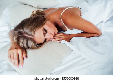 Girl Lingerie Sleeping Bed Morning White Stock Photo 1558000148