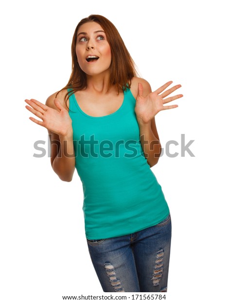 Girl Surprised Brunette Excited Woman Throws Stock Photo