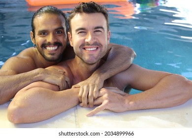 Gorgeous Interracial Gay Couple Swimming Pool Stock Photo 2034899966