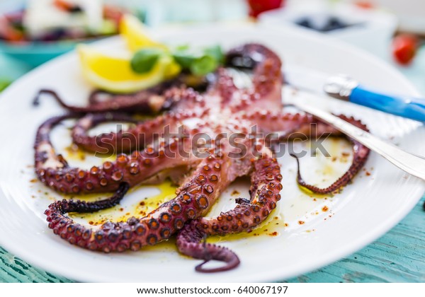 Grilled Octopus On White Plate Greek Stock Photo Shutterstock