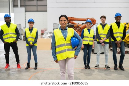 Group Male Female Engineers Factory Hispanic Stock Photo