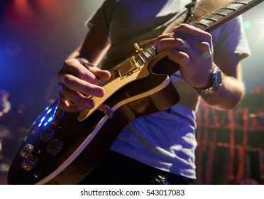 Guitarist Plays Solo Closeup Dark Background Stock Photo