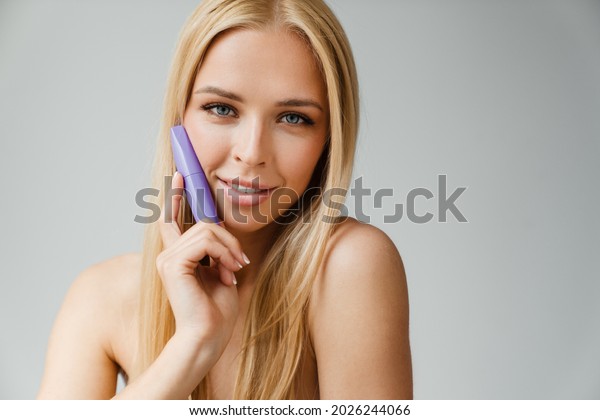 Halfnaked Blonde Woman Looking Camera While Stock Photo