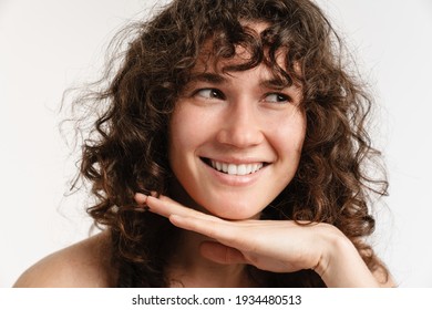 Halfnaked Curly Woman Smiling Looking Camera Stock Photo