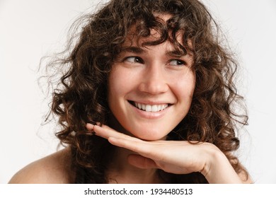 Halfnaked Curly Woman Smiling Looking Camera Stock Photo 1934480504