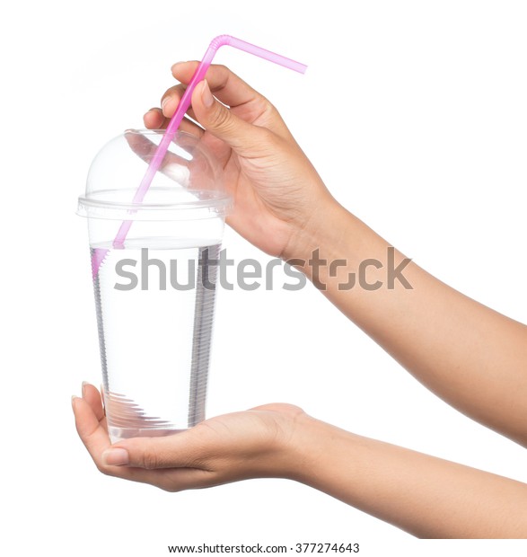 Hand Holding Plastic Glass Water Isolated Stock Photo 377274643