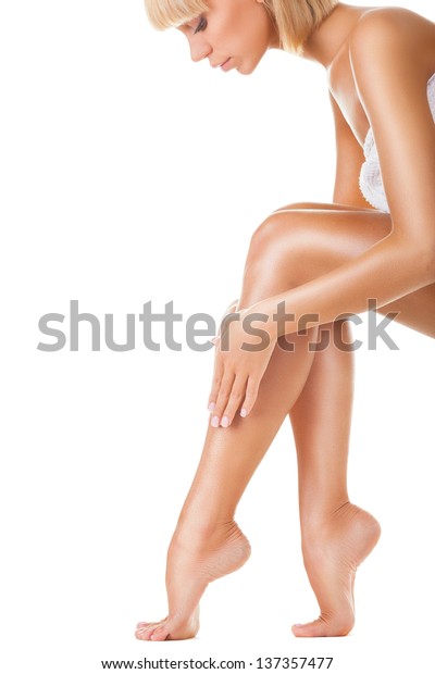 Hand Touching Beautiful Womans Legs Isolated Stock Photo 137357477