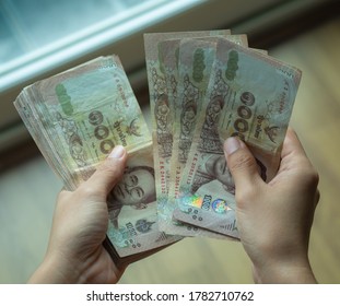 Hands Holding Thailand Money Kind Thousand Stock Photo