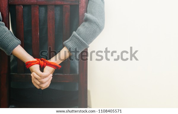 Hands Victim Woman Tied Rope Emotional Stock Photo 1108405571