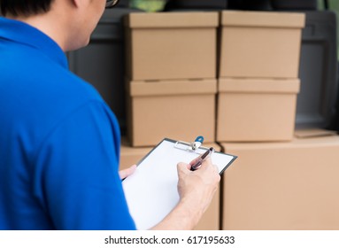 Handsome Delivery Man Cardboard Parcel Box Stock Photo Edit Now 617195633