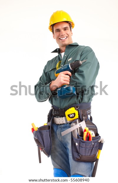 Handsome Man Cordless Hand Drill Isolated Stock Photo 55608940