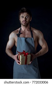 Handsome Muscular Naked Man Apron Holding Stock Photo 772033006