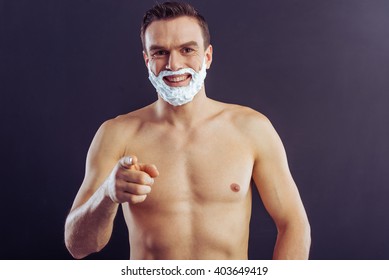 Portrait Handsome Naked Man Shaving Foam Stock Photo