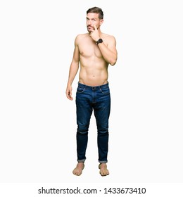 Handsome Shirtless Man Showing Nude Chest Stock Photo