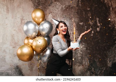 Happy Birthday Sexy Brunette Posing Balloons Stock Photo