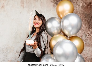 Happy Birthday Sexy Brunette Posing Balloons Stock Photo 2196243197