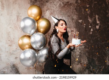 Happy Birthday Sexy Brunette Posing Balloons Stock Photo