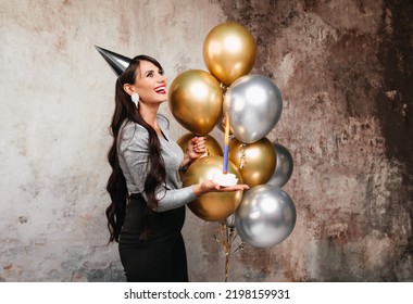 Happy Birthday Sexy Brunette Posing Balloons Stock Photo 2198159931