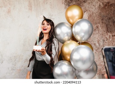 Happy Birthday Sexy Brunette Posing Balloons Stock Photo 2204094113