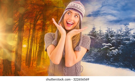 Happy Blonde Winter Clothes Posing Against Stock Photo 322656569