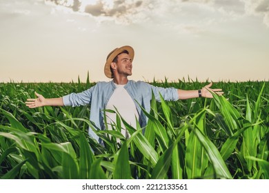 Happy Farmer Arms Outstretched Standing His Stock Photo