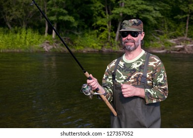 Joyful Fisherman Catches Salmon River Stock Photo 127667288 Shutterstock