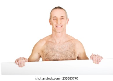 Happy Mature Shirtless Man Holding Empty Stock Photo 278823932