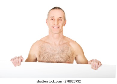 Happy Mature Shirtless Man Holding Empty Stock Photo 278823932