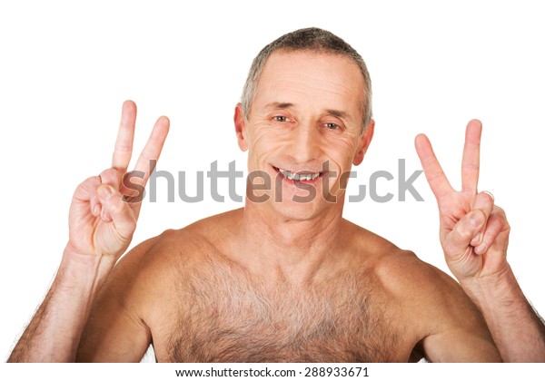 Happy Mature Shirtless Man Victory Sign Stock Photo