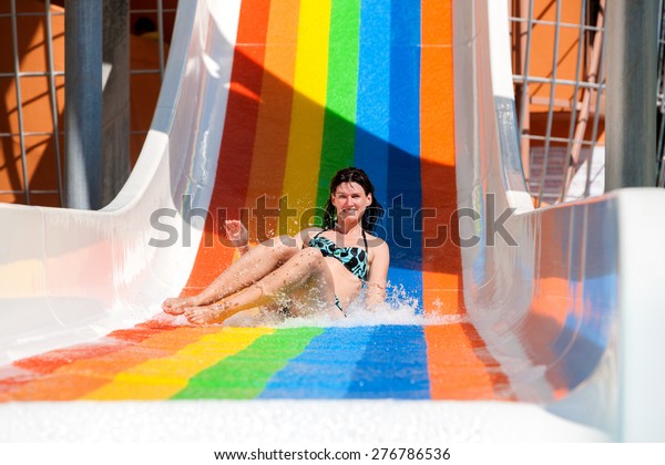 Happy Woman Bikini Sliding Water Park Stock Photo Edit Now