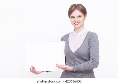 Happy Woman Holding White Blank Paper Stock Photo Shutterstock