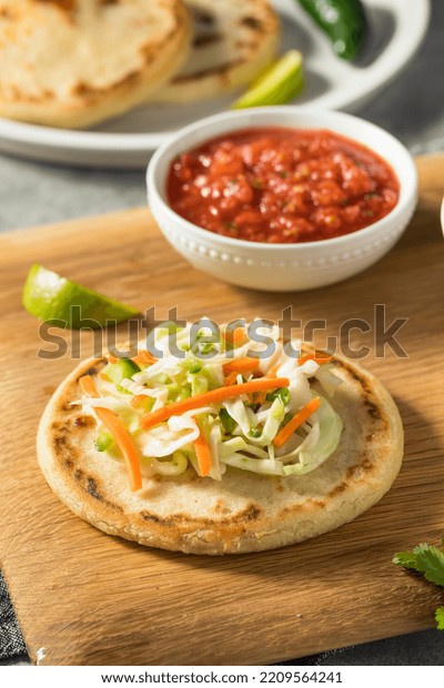 Homemade Salvadoran Corn Pupusas Curtido Salsa Stock Photo