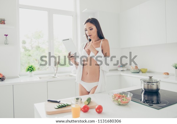 Hot Brunette Housewife Amazing Body White Stock Photo