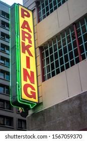 Illuminated Large Parking Sign On Outside Stock Photo