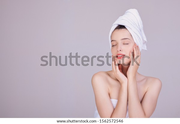 Image Adorable Halfnaked Woman Wrapped Towel Stock Photo 1562572546