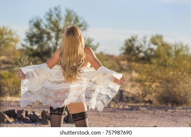 Implied Nude Blonde Model Posing Outdoor Stock Photo