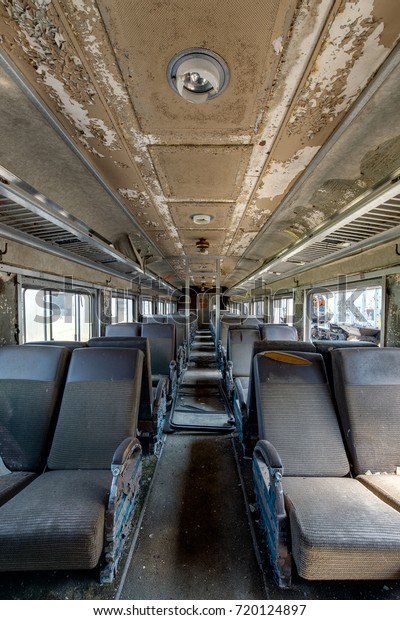 Inside Vintage Abandoned Passenger Train Car Stock Photo