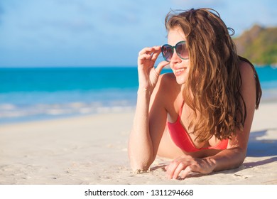 Long Haired Woman Bikini Sunglasses Lying Stock Photo