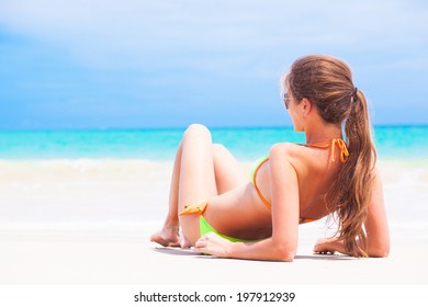 Long Haired Woman Bikini Sunglasses Tropical Stock Photo