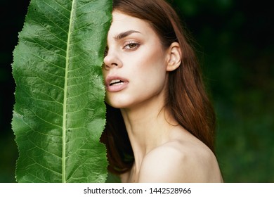 Lovely Woman Naked Shoulders Green Leaf Stock Photo 1442528966