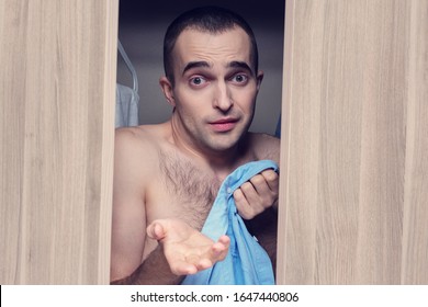 Lover Hiding Closet Clothing Man Justifies Stock Photo 1647440806