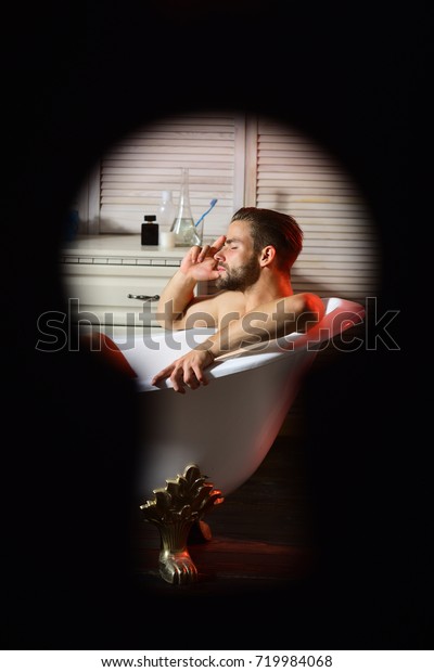 Macho Sitting Naked Bathtub Being Spied Stock Photo 719984068