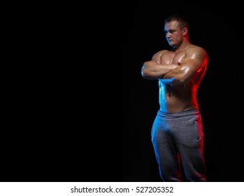 Male Bodybuilder Athlete Naked Torso Posing Foto Stok