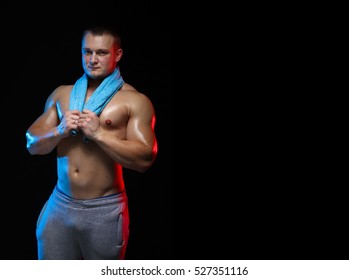 Male Bodybuilder Athlete Naked Torso Towel Stock Photo